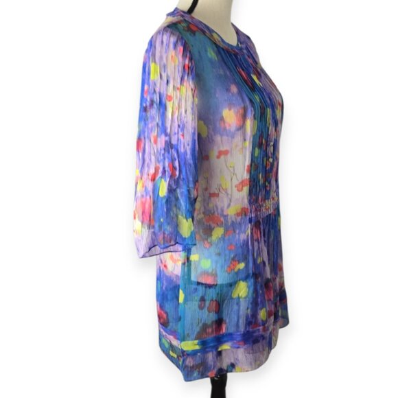 Elie Tahari "Jillie" Blue Lagoon Watercolor Pure Silk Pleated Tunic S NWT - Picture 3 of 13